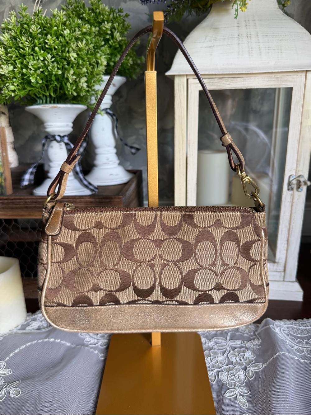 Y2K Coach Brown Signature Jacquard Metallic Gold Mini Shoulder Bag Purse